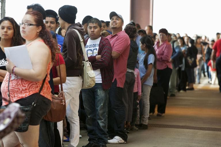 Young immigrants stand in a long line at Chicago's Navy Pier on Wednesday, Aug.15, 2012, for guidance with a new federal program that would help them work legally in the United States and avoid deportation. (AP)