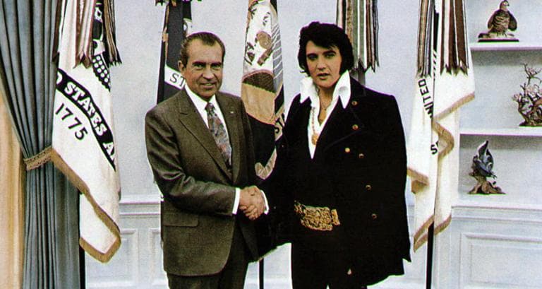 This handout file photo shows President Richard Nixon, left, meeting with Elvis Presley on Dec. 21, 1970, in Washington. (AP/White House)