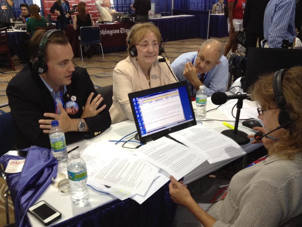 Mike Winder (left), LDS church member, and Carolyn Melby, a delegate from Frederick, Maryland and a convert to Mormonism, joined Robin on Radio Row in Tampa, Florida. (Here & Now)