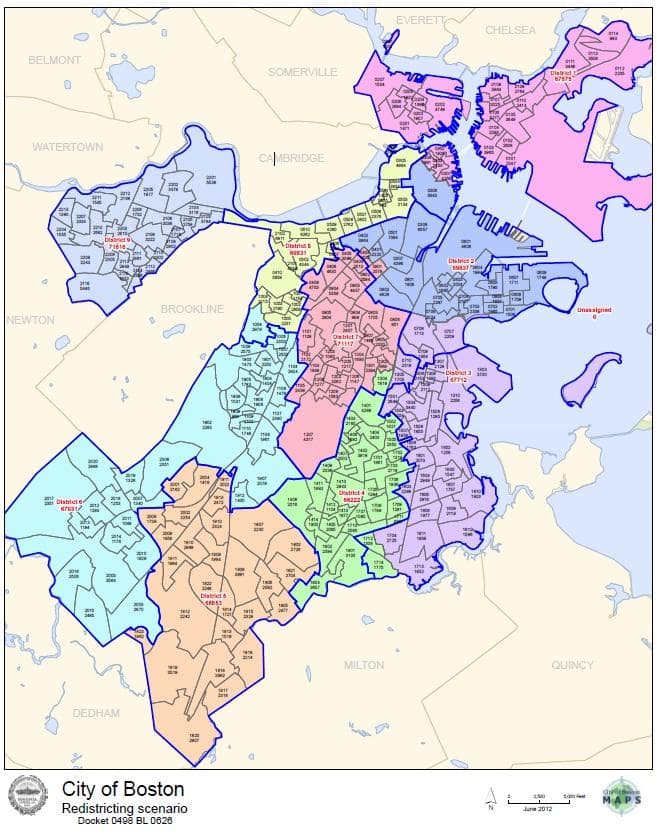 Proposed districts appear in color, while existing districts are outlined in blue. (Courtesy of the City of Boston)