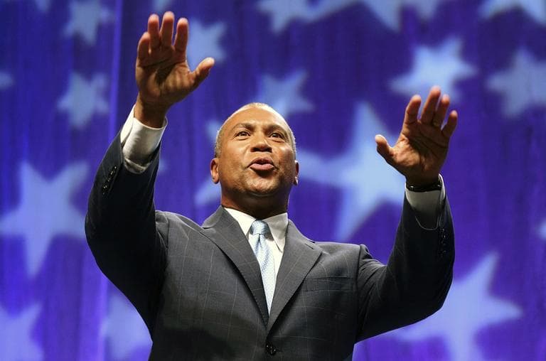 Gov. Deval Patrick gestures to the audience after addressing the Democratic State Convention in Springfield, Mass in June. (AP /Michael Dwyer)