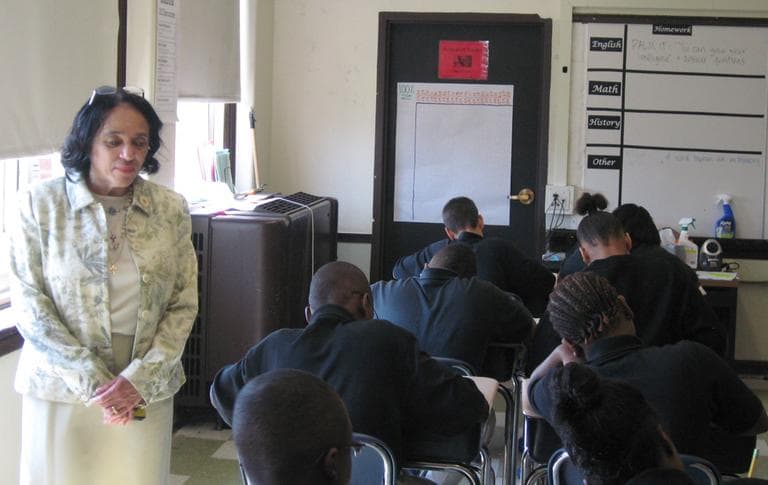 Boston Superintendent Carol Johnson observes a seventh-grade English class at UP Academy in South Boston. (Sacha Pfeiffer/WBUR)