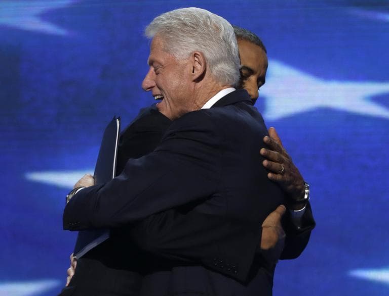 Former President Bill Clinton hugs President Barack Obama after addressing the Democratic National Convention in Charlotte, N.C. (AP)