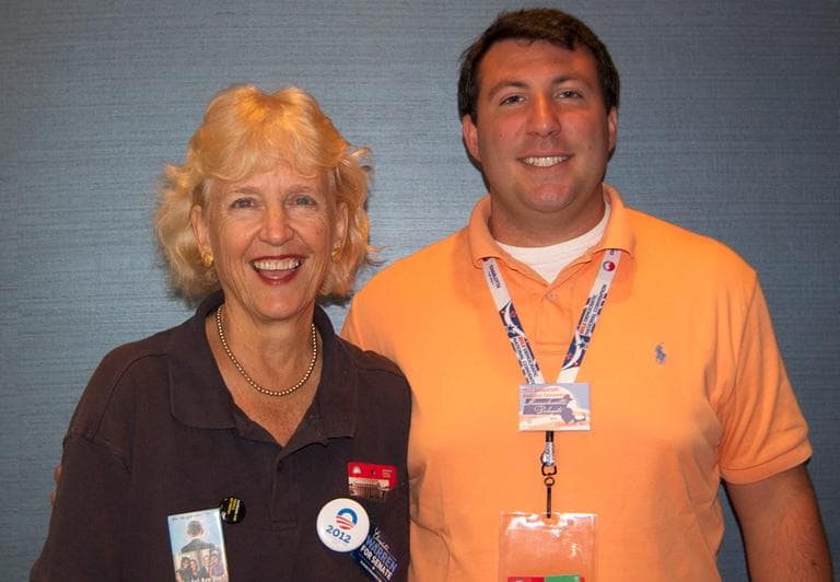 Massachusetts delegates MarDee Xifaras, of Marion, and Joe Caiazzo, of Stoneham, at the Democratic National Convention in Charlotte, N.C. (Tiffany Campbell/WBUR)