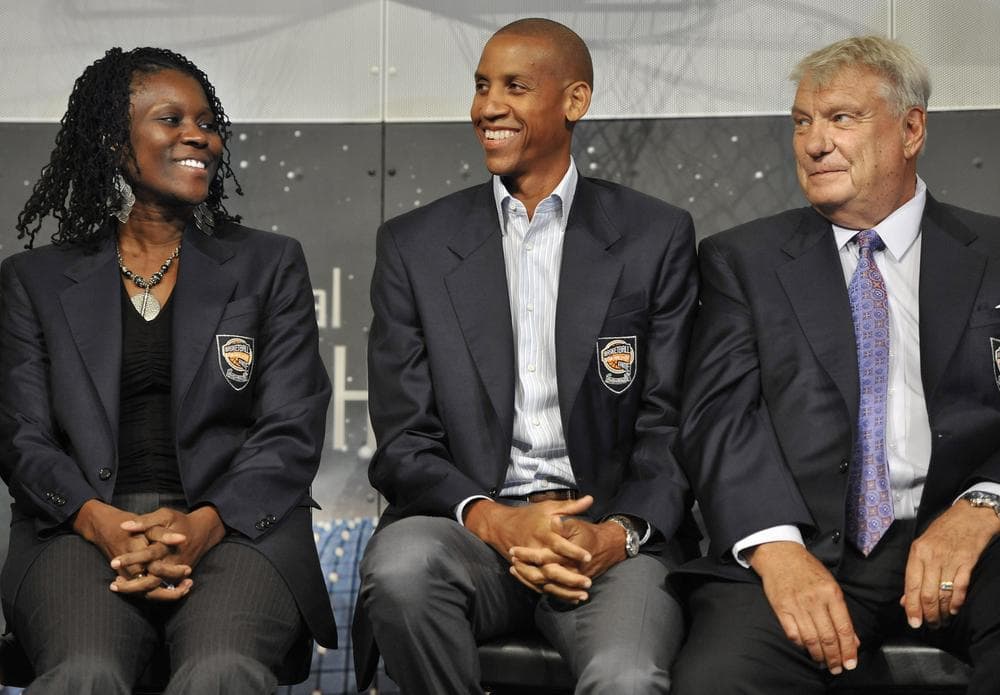 Katrina McClain, Reggie Miller, and Don Nelson, (from left) are members of the newest class of Basketball Hall of Fame inductees. (AP)