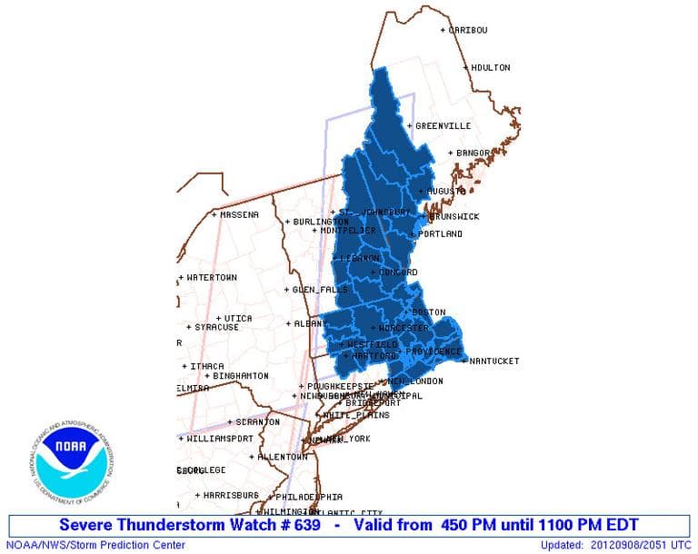 A severe thunderstorm watch is in effect for most of Massachusetts. (Courtesy of the National Oceanic and Atmospheric Administration, National Weather Service, Storm Prediction Center)
