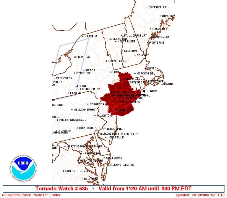 CLICK TO ENLARGE: Tornado watch #635, effective until 9 p.m. Saturday. (Courtesy of the National Oceanic and Atmospheric Administration, National Weather Service, Storm Prediction Center)