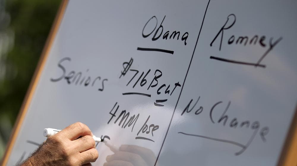 It's an issue that will eventually affect the health and savings of every American. So before casting your vote for president, writes James Roosevelt, Jr., be clear. In this photo, Mitt Romney writes on a white board as he talks about Medicare during a news conference on Aug. 16, 2012, in Greer, S.C. (AP)