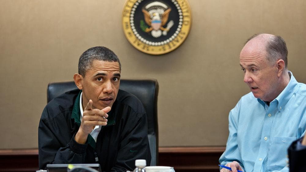 In this image released by the White House, President Barack Obama makes a point during one in a series of meetings in the Situation Room discussing the mission against Osama bin Laden, Sunday, May 1, 2011. National Security Adviser Tom Donilon is pictured at right. (AP Photo/The White House)