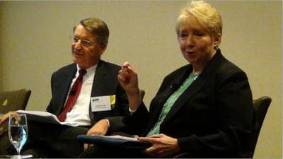Bill Grant, CFO at Cummings Properties, and Sandy Reynolds, Executive Vice President at Associated Industries of Massachusetts, answer questions from employers trying to cope with rising health care costs. (Courtesy of Associated Industries of Massachusetts)