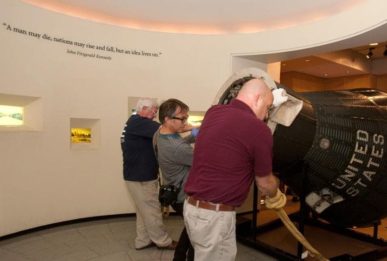 The Freedom 7 capsule is wheeled into Boston’s John F. Kennedy Presidential Library &amp; Museum. (Courtesy)