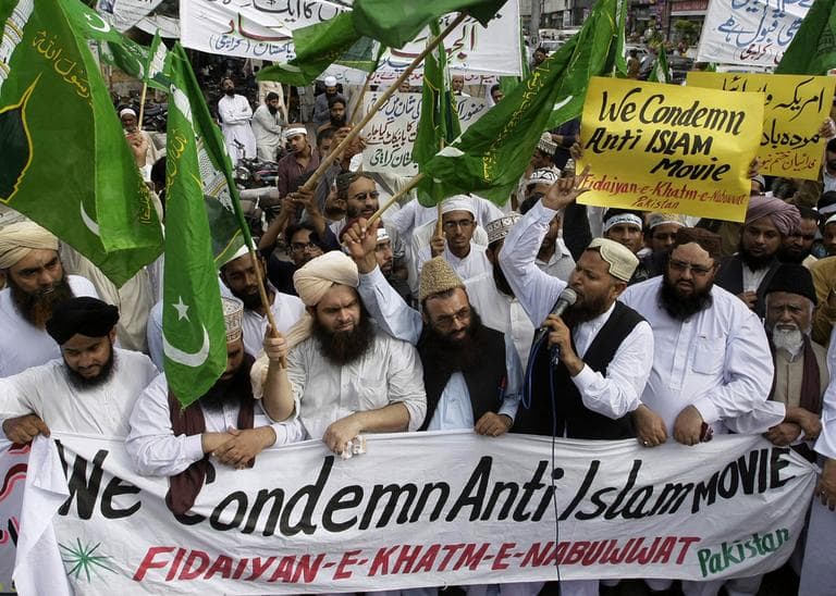 Supporters of a Pakistani religious group hold a demonstration in Karachi, Pakistan on Saturday, Sept. 15, 2012 as part of widespread anger across the Muslim world about a film ridiculing Islam's Prophet Muhammad. (AP)