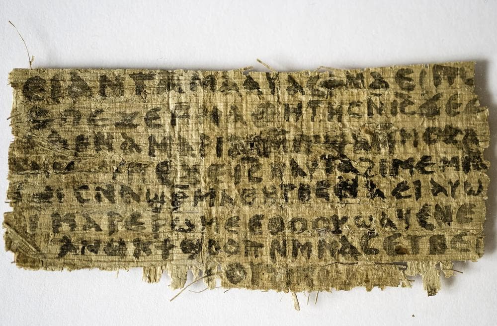 The fourth-century fragment of papyrus Harvard professor Karen King says is the only existing ancient text quoting Jesus explicitly referring to having a wife. (Courtesy Karen L. King)