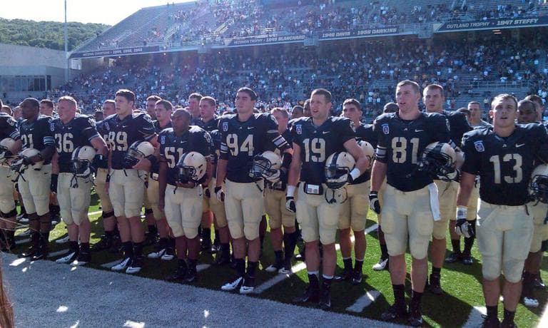 The Army team sings the alma mater at a September game against Northern Illinois. (Alex Ashlock/Here & Now)