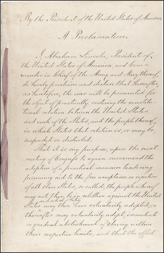 Page 1 of the Preliminary Emancipation Proclamation, from Sept. 22, 1862 (National Archives)