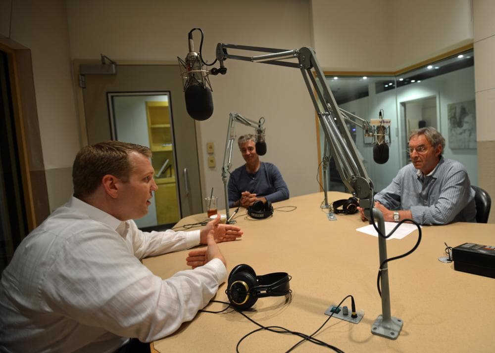 Chris Nowinski, left, and filmmaker Steve James talk with Bill Littlefield about the new documentary Head Games, about concussions in sports. (Alex Kingsbury/Only A Game)