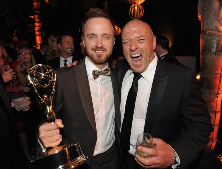 Actors Aaron Paul, left, and Dean Norris of &quot;Breaking Bad&quot; at the AMC Emmy After Party on Sunday. (AMC/AP)