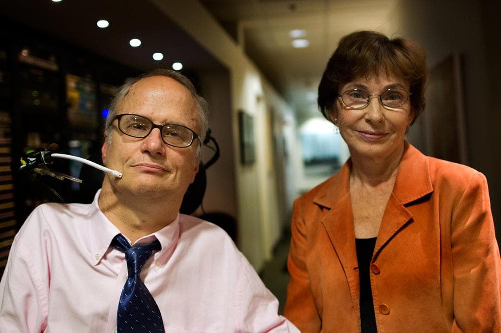John Kelly, disabilities rights activist and founder of Second Thoughts, and Dr. Marcia Angell, a senior lecturer at Harvard Medical School and former editor of the New England Journal of Medicine. (Jesse Costa/WBUR)
