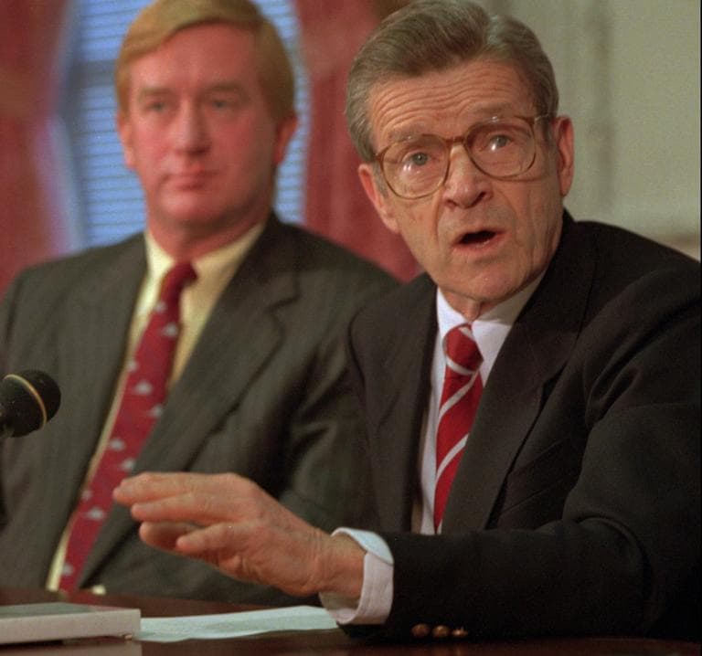 John Silber, right, with former Gov. William Weld at a press conference in 1995 (AP)