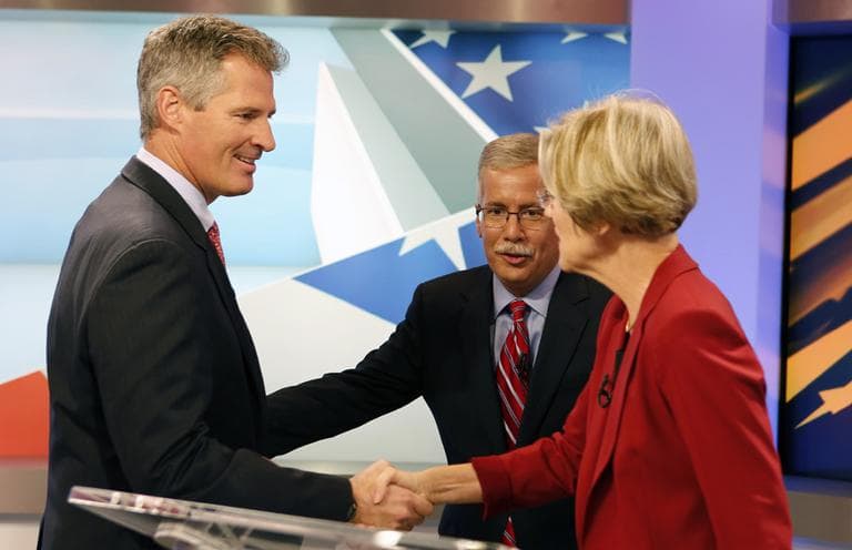 Sen. Scott Brown shakes hands with his Democratic challenger Elizabeth Warren before their first debate on Thursday, Sept. 20. (AP)