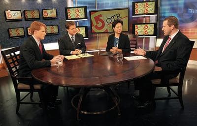 Democrat Joseph Kennedy III, left, and Republican Sean Bielat, right, face off in a WCVB-TV debate on Thursday. Moderating are WCVB's Ed Harding, second from left, and Janet Wu. (AP/The Boston Globe, Pool)