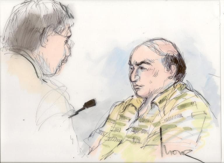 This courtroom sketch shows Nakoula Basseley Nakoula talking with his attorney Steven Seiden, left, in court Thursday. (AP/Mona Shafer Edwards)