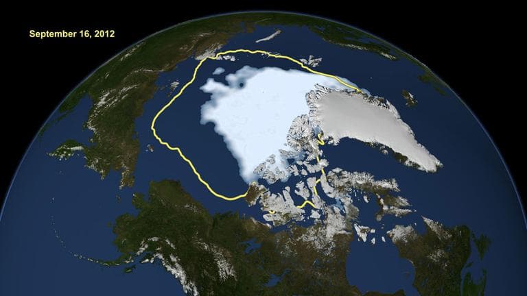 This image made available by NASA shows the amount of summer sea ice in the Arctic on Sunday, Sept. 16, 2012, at center in white, and the 1979 to 2000 average extent for the day shown, with the yellow line. (AP /U.S. National Snow and Ice Data Center)