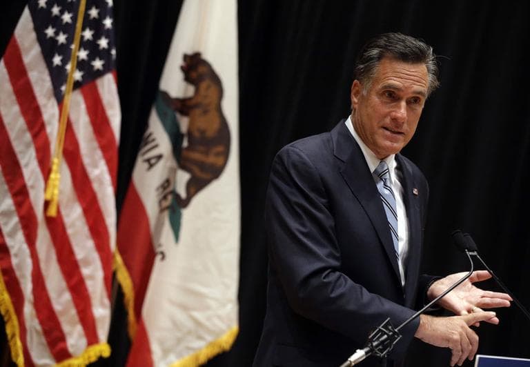 Republican presidential candidate and former Massachusetts Gov. Mitt Romney speaks to reporters about the secretly taped video from one of his campaign fundraising events in Costa Mesa, Calif., Monday, Sept. 17, 2012. (AP Photo/Charles Dharapak)