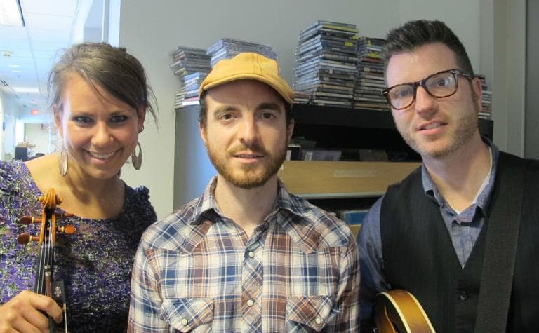 The Boston-based band, Air Traffic Controller. From left to right: Alison Shipton, Dave Munro and Steve Scott. (Aayesha Siddiqui/WBUR)