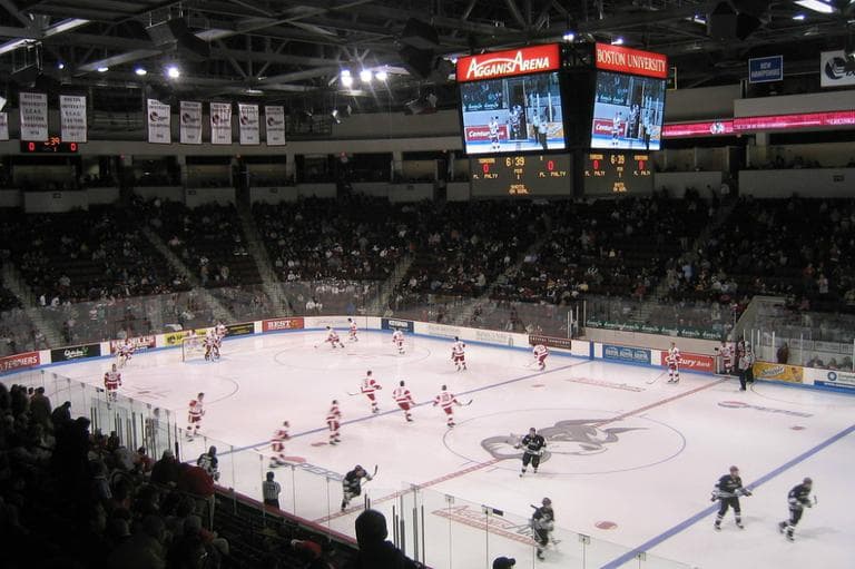 The Boston University hockey team playing a home game at Agganis Arena. (wallg/Flickr)