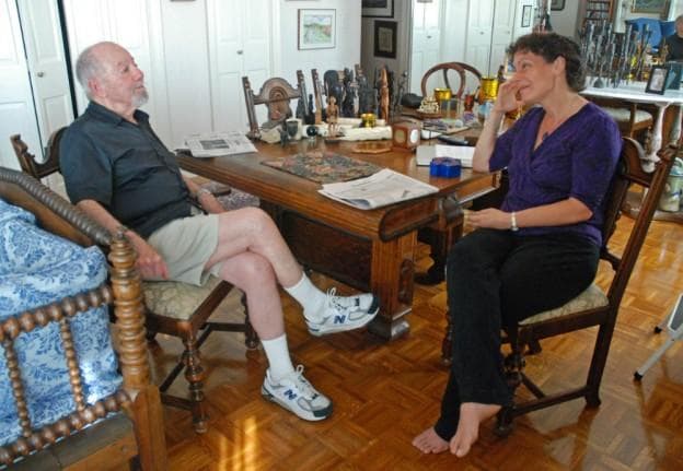 Charlie Ritz and Carey Goldberg, father and daughter, having a conversation about end of life choices (George Hicks/WBUR)