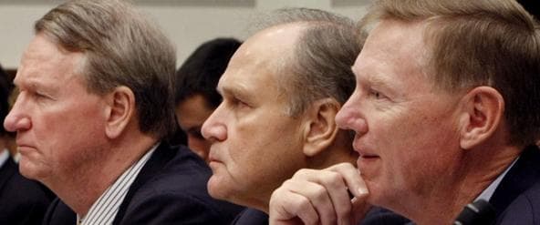 Auto industry executives (from left, Richard Wagoner, GM; Robert Nardelli, Chrysler; and Alan Mulally, Ford) testify on Capitol Hill, Nov. 19, 2008. (AP File Photo)
