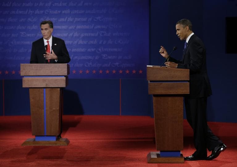 Republican presidential nominee Mitt Romney, left, and President Barack Obama speak during the first presidential debate at the University of Denver, Wednesday, in Denver. (AP)