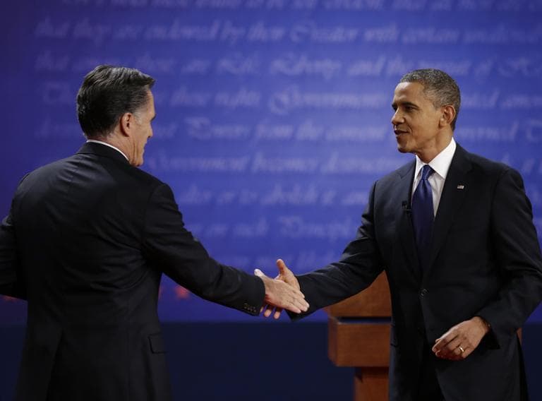 President Barack Obama, right, shakes hands with Republican presidential nominee Mitt Romney after the first presidential debate at the University of Denver, Wednesday, Oct. 3, 2012, in Denver. (AP)