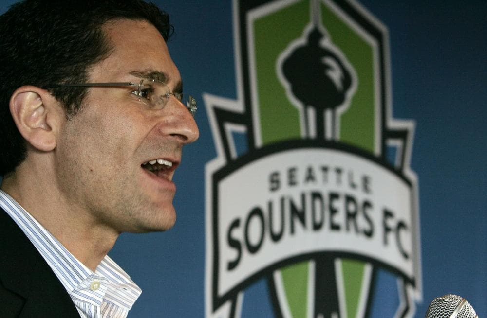 Seattle Sounders general manager Adrian Hanauer announcing the results of the fan vote that named the team in 2008. (AP/Elaine Thompson)
