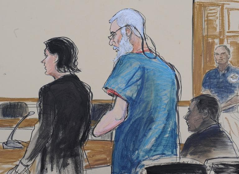 In this courtroom drawing, defense attorneys Sabrina Shroff and Jerrod Thompson Hicks represent accused terrorist Abu Hamza al-Masri, center, before Magistrate Judge Franklin Maas in Manhattan federal court in New York on Saturday, October 6, 2012. (Elizabeth Williams/AP)
