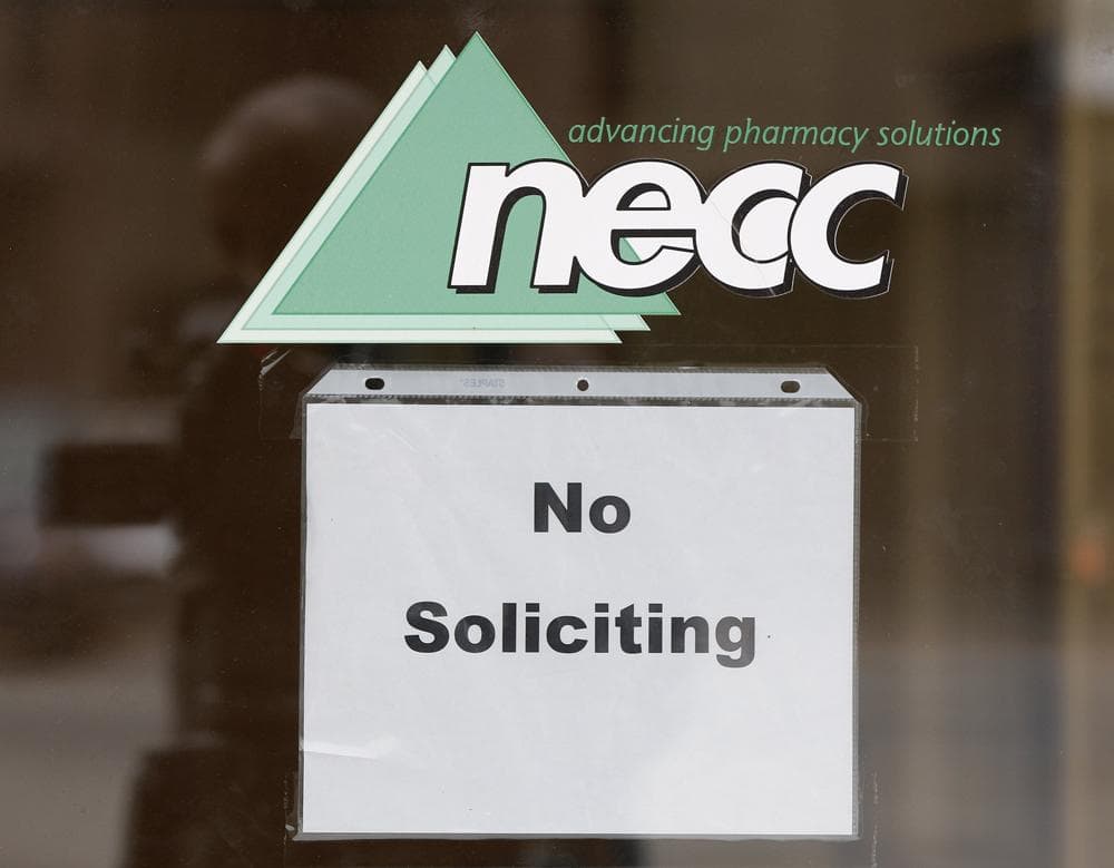 A sign requesting &quot;No Soliciting&quot; hangs on the door of New England Compounding in Framingham, Mass., Thursday, Oct. 4, 2012. (AP Photo/Stephan Savoia)