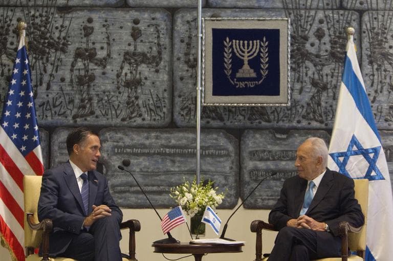 U.S. Republican presidential candidate Mitt Romney, left, met Israel&#039;s President Shimon Peres at the President&#039;s residence in Jerusalem in July 2012. (AP)