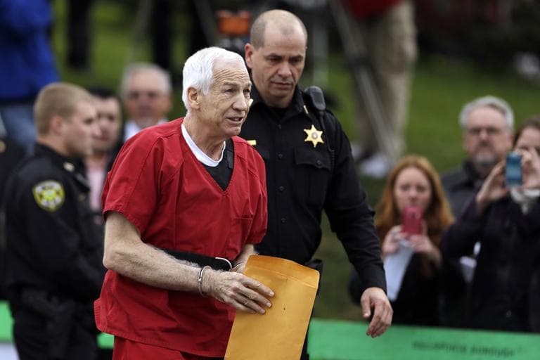 Former Penn State University assistant football coach Jerry Sandusky arrives at the Centre County Courthouse for a sentencing hearing Tuesday in Bellefonte, Pa. (AP/Matt Rourke)