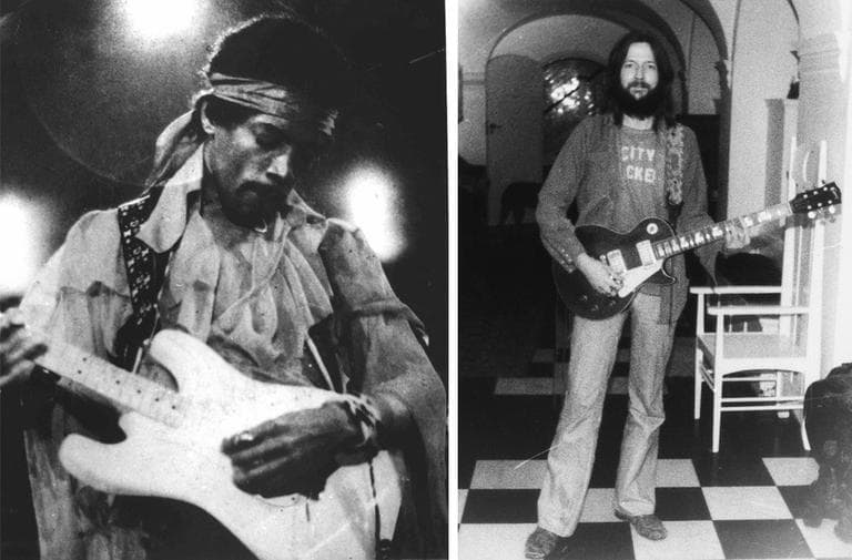 Jimi Hendrix, left, is ranked the best guitarist of all time by Rolling Stone. (AP) Eric Clapton, shown here posing with a Gibson Les Paul guitar, is ranked #2. (AP/Random House)