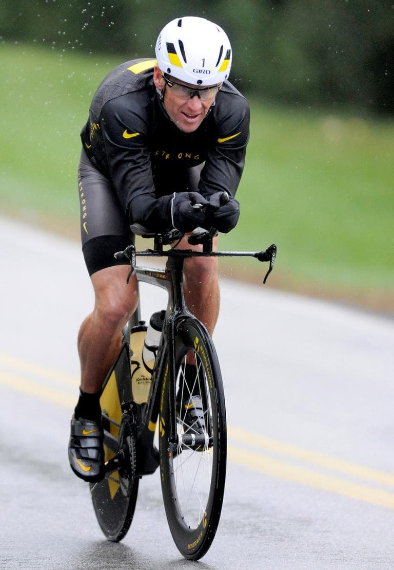 Lance Armstrong competes in the Rev3 Half Full Triathalon on Sunday in Ellicott City, Md. Armstrong joined other cancer survivors in the event, which raised funds for the Ulman Cancer Fund for Young Adults. (AP/Steve Ruark)