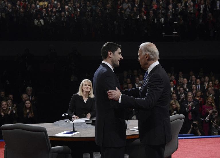 Vice President Joe Biden and Republican vice presidential nominee Rep. Paul Ryan oshake hands before the vice presidential debate at Centre College in Danville, Ky on Thursday. (Michael Reynolds/AP-Pool)