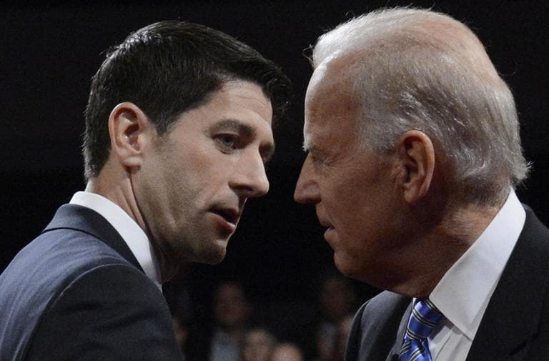 Vice President Joe Biden and Republican vice presidential nominee Rep. Paul Ryan shake hands after the vice presidential debate at Centre College in Danville, Ky. on Thursday. (Michael Reynolds/AP)