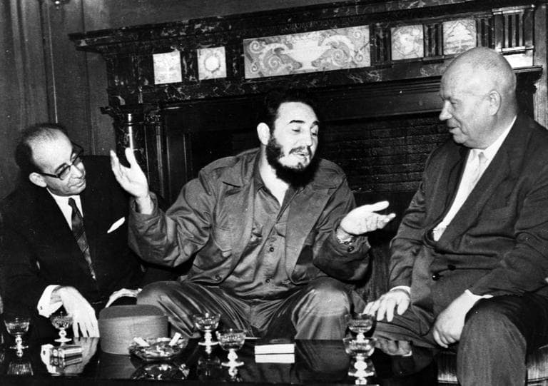 In this 1960 photo, Cuba's leader Fidel Castro, center, speaks with Soviet Premier Nikita Khrushchev, right, as his Foreign Minister Raul Roa, left, looks on during the United Nations General Assembly in New York. The world stood at the brink of Armageddon for 13 days in October 1962 when President John F. Kennedy drew a symbolic line in the Atlantic and warned of dire consequences if Soviet Premier Nikita Khrushchev dared to cross it. (AP/Prensa Latina)