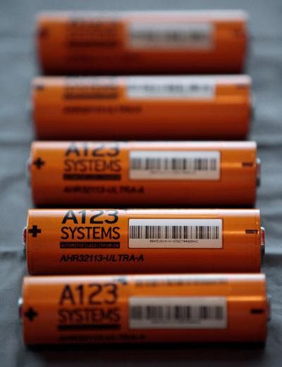 This Aug. 6, 2009, file photo shows A123 Systems Inc.&#039;s high power Nanophospate Lithium Ion Cell for Hybrid Electric Vehicles batteries in Livonia, Mich. (Paul Sancya/AP, File)