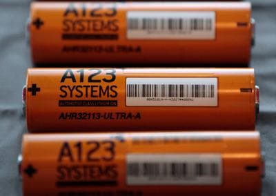 This Aug. 6, 2009, file photo shows A123 Systems Inc.’s high power Nanophospate Lithium Ion Cell for Hybrid Electric Vehicles batteries in Livonia, Mich. (Paul Sancya/AP, File)