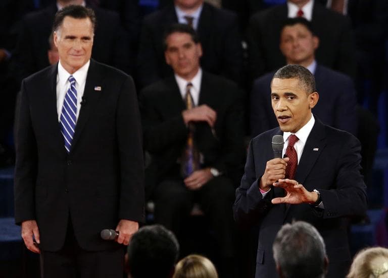 President Obama and Republican presidential candidate Mitt Romney participate in the second presidential debate at Hofstra University in Hempstead, N.Y. on Tuesday. (Charles Dharapak/AP)