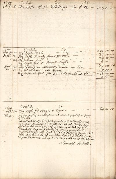 Original account book kept by Samuel Sewall, 1652-1730. (Courtesy of the New England Historic Genealogical Society.)