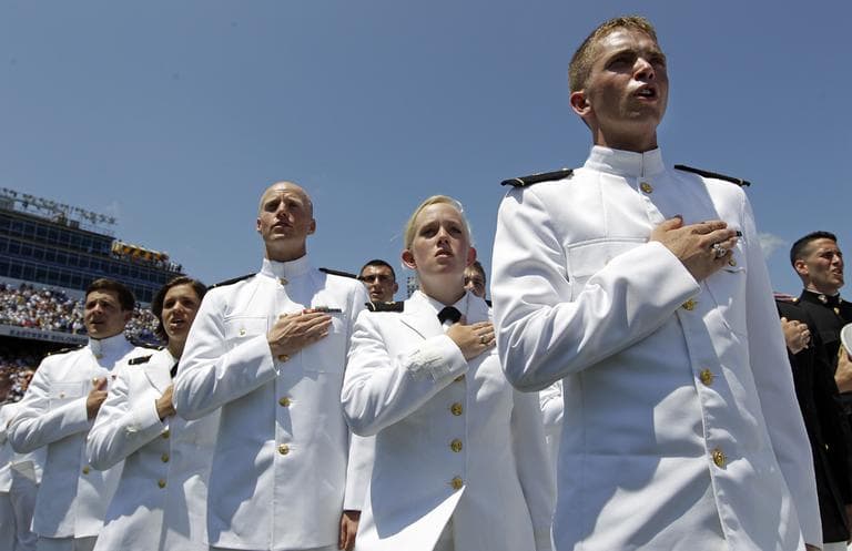 Graduating midshipmen sing "Navy Blue and Gold," the U.S. Naval Academy's alma mater, during the Academy's graduation and commissioning ceremonies in Annapolis, Md., in May 2012. (AP/Patrick Semansky)
