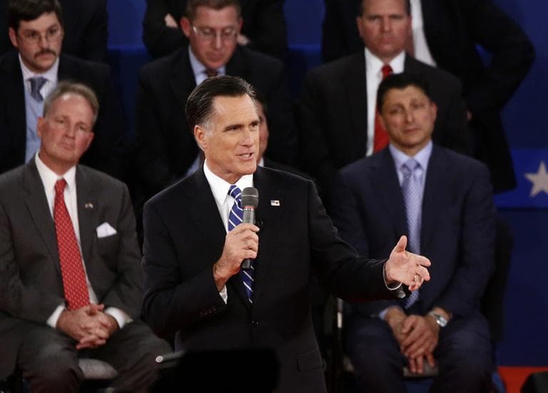 Republican presidential candidate and former Massachusetts Gov. Mitt Romney speaks during the second presidential debate on Tuesday. (AP/Charles Dharapak)